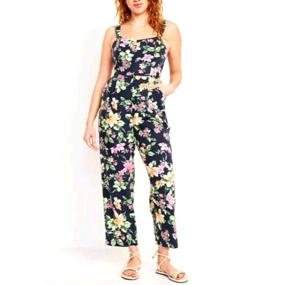 Old Navy Linen Floral Cami Jumpsuit NWT Boho Coastal Navy Floral Size 2X F109 - Picture 2 of 14